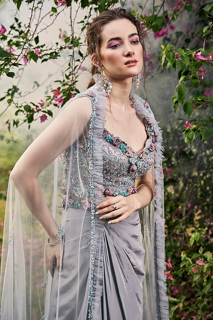 Grey Net & Organza Draped Skirt Set by BAYA BY RICHA at Pernia's Pop Up Shop