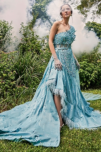 Aqua Marine Satin & Net Sequin Embellished Flared Engagement Gown by BAYA BY RICHA at Pernia's Pop Up Shop