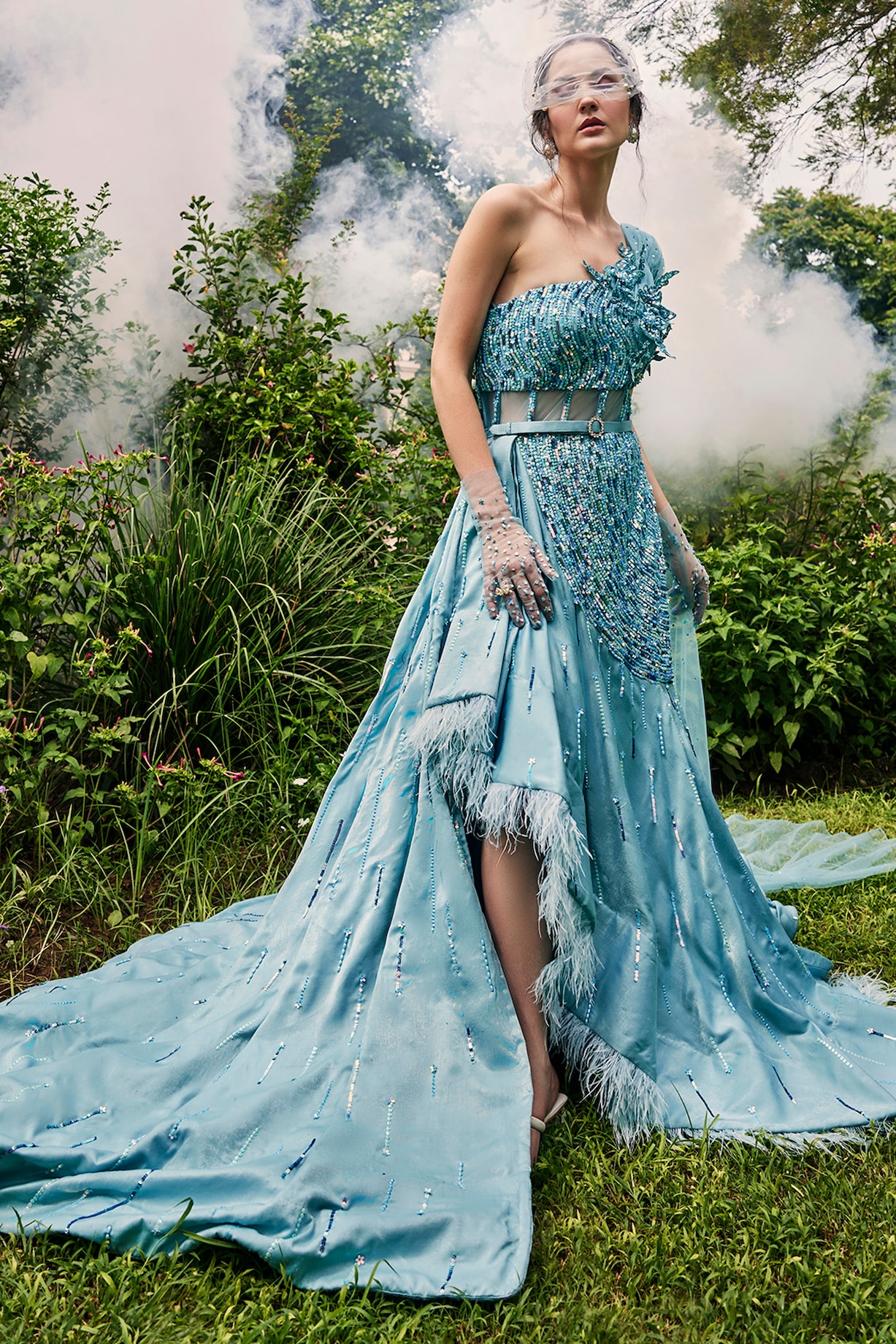 Aqua Marine Satin Net Sequin Embellished Flared Engagement Gown by BAYA  BY RICHA at Pernia's Pop Up Shop