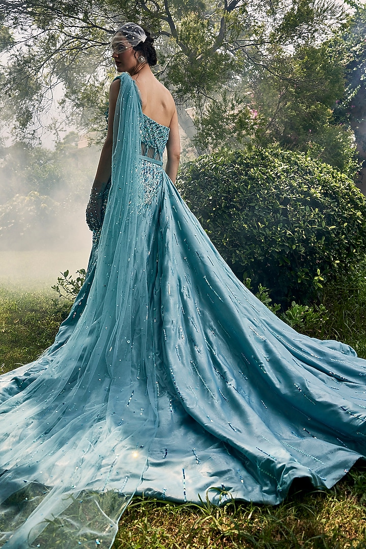 Aqua Marine Satin & Net Sequin Embellished Flared Engagement Gown by BAYA BY RICHA at Pernia's Pop Up Shop