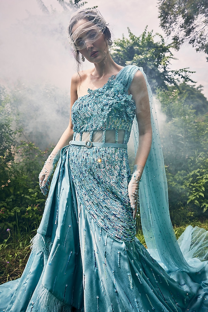 Aqua Marine Satin & Net Sequin Embellished Flared Engagement Gown by BAYA BY RICHA at Pernia's Pop Up Shop