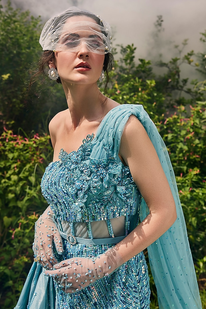 Aqua Marine Satin & Net Sequin Embellished Flared Engagement Gown by BAYA BY RICHA at Pernia's Pop Up Shop