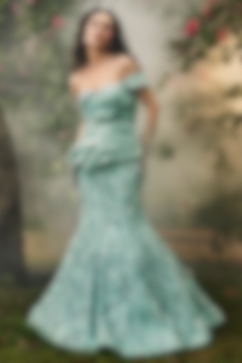 Mint Blue Organza Crystal Embellished Draped Mermaid Wedding Gown by BAYA BY RICHA at Pernia's Pop Up Shop