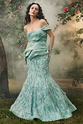 Mint Blue Organza Crystal Embellished Draped Mermaid Wedding Gown by BAYA BY RICHA at Pernia's Pop Up Shop