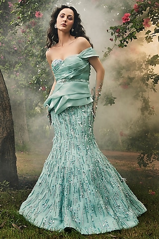 Mint Blue Organza Crystal Embellished Draped Mermaid Gown by BAYA BY RICHA