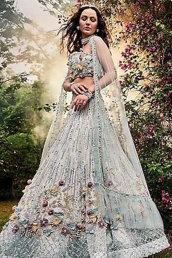 Powder Blue Organza & Net Floral Embellished Wedding Lehenga Set by BAYA BY RICHA at Pernia's Pop Up Shop