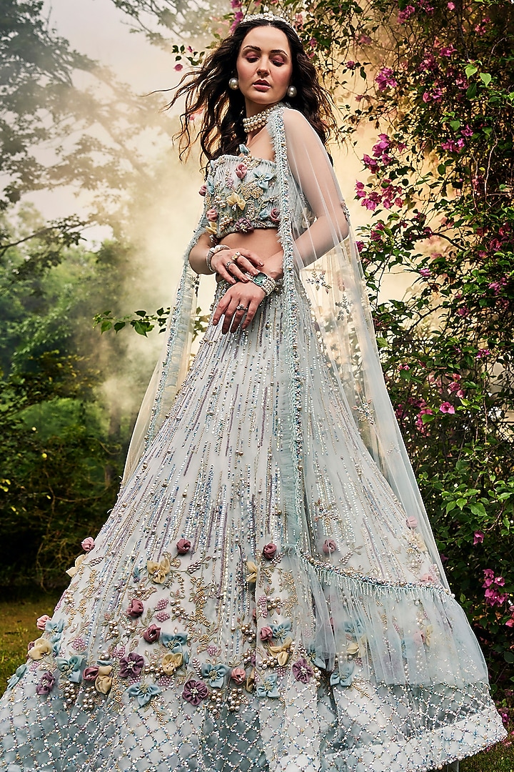 Powder Blue Organza & Net Floral Embellished Wedding Lehenga Set by BAYA BY RICHA at Pernia's Pop Up Shop