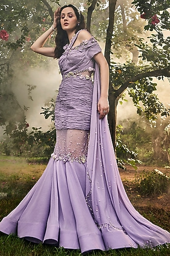 Lavender Georgette Floral Embellished One-Shoulder Mermaid Engagement Gown by BAYA BY RICHA at Pernia's Pop Up Shop