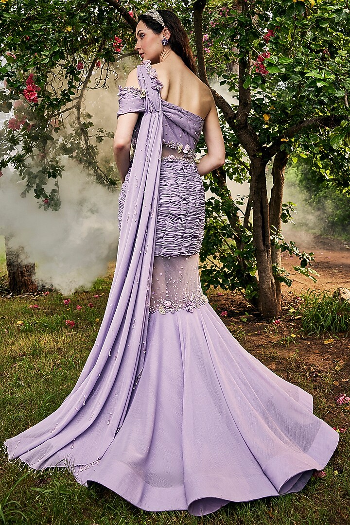 Lavender Georgette Floral Embellished One-Shoulder Mermaid Engagement Gown by BAYA BY RICHA at Pernia's Pop Up Shop