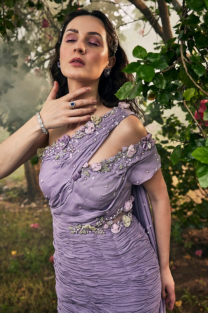 Lavender Georgette Floral Embellished One-Shoulder Mermaid Engagement Gown by BAYA BY RICHA at Pernia's Pop Up Shop