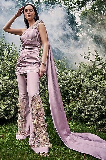 Mauve Pink Satin & Silk Floral Embellished Co-Ord Set by BAYA BY RICHA at Pernia's Pop Up Shop
