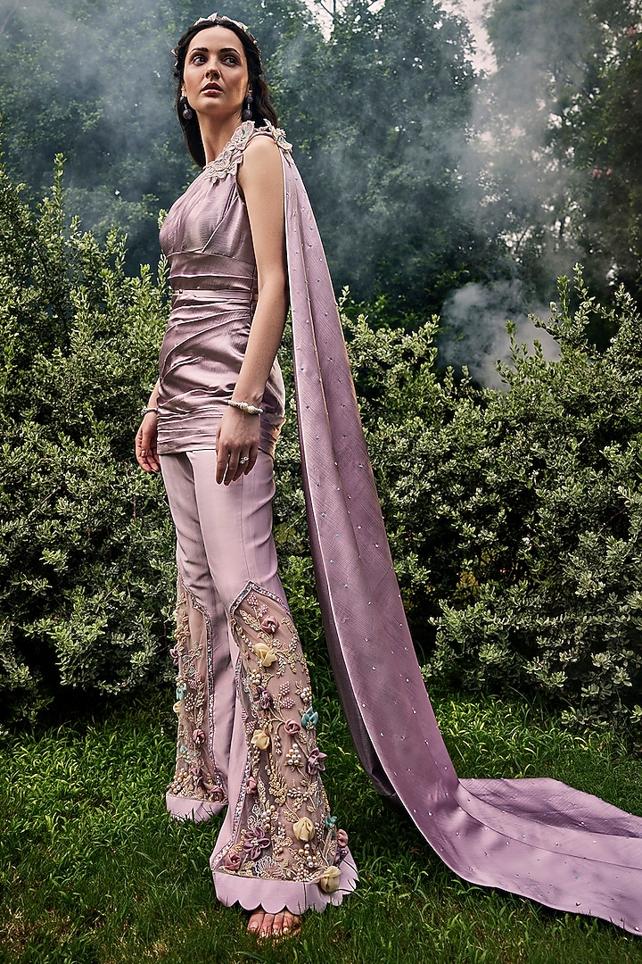 Mauve Pink Satin & Silk Floral Embellished Co-Ord Set by BAYA BY RICHA at Pernia's Pop Up Shop