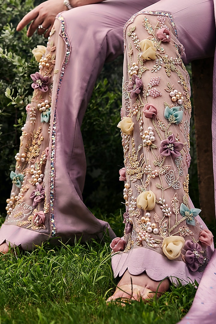 Mauve Pink Satin & Silk Floral Embellished Co-Ord Set by BAYA BY RICHA at Pernia's Pop Up Shop