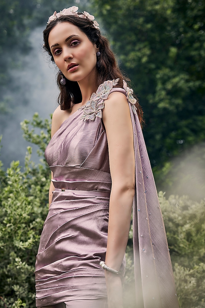 Mauve Pink Satin & Silk Floral Embellished Co-Ord Set by BAYA BY RICHA at Pernia's Pop Up Shop