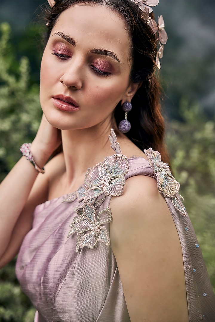 Mauve Pink Satin & Silk Floral Embellished Co-Ord Set by BAYA BY RICHA at Pernia's Pop Up Shop
