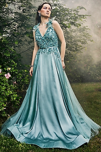 Sea Blue Satin & Net Floral Embellished Flared Engagement Gown by BAYA BY RICHA at Pernia's Pop Up Shop