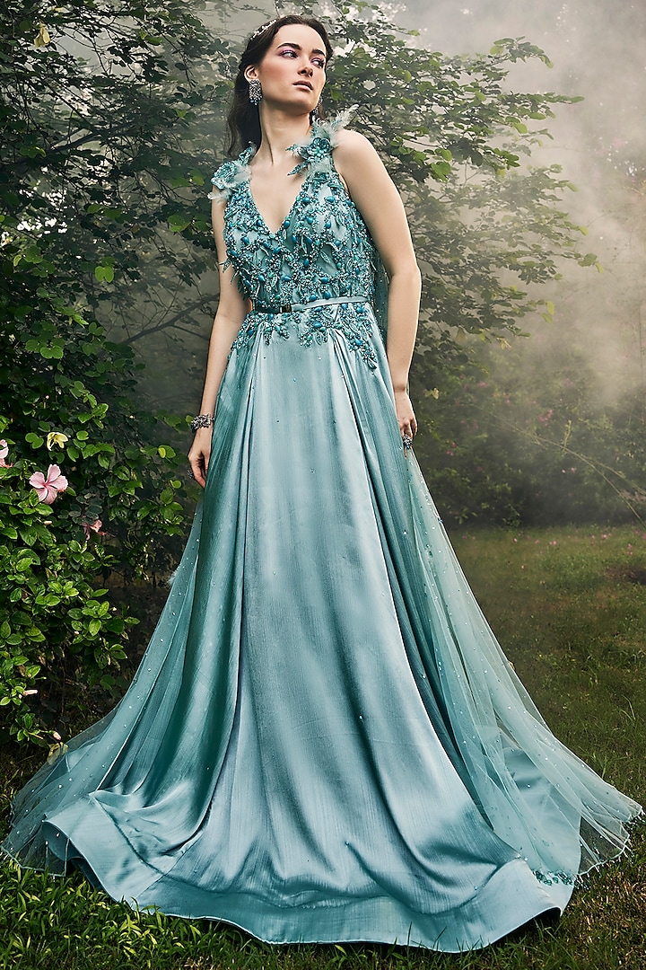 Sea Blue Satin & Net Floral Embellished Flared Gown by BAYA BY RICHA