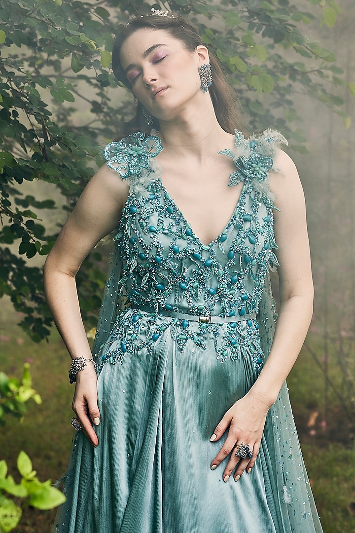 Sea Blue Satin & Net Floral Embellished Flared Engagement Gown by BAYA BY RICHA at Pernia's Pop Up Shop