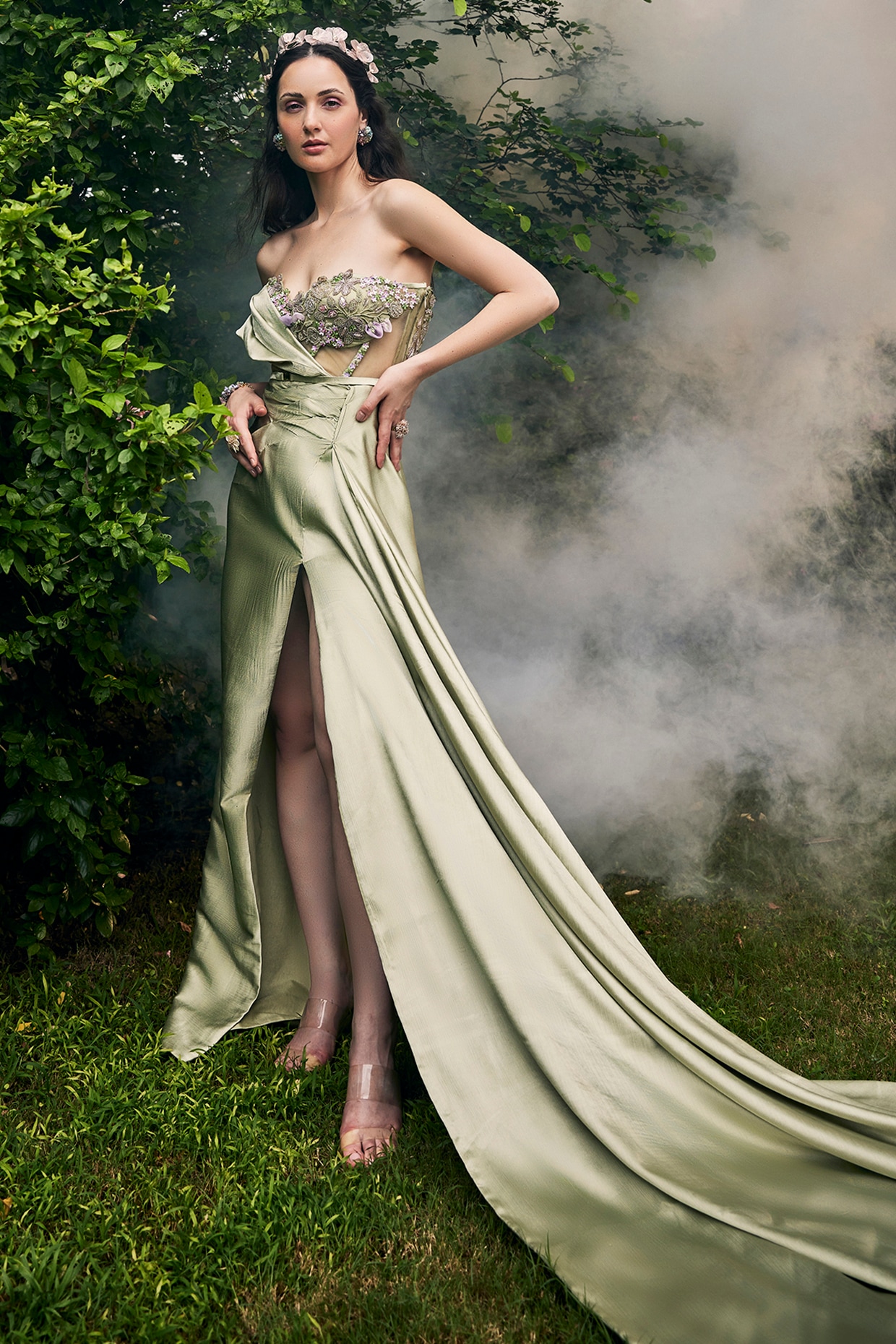 Shop online Vivacious Green Net Stone Work Designer Gown