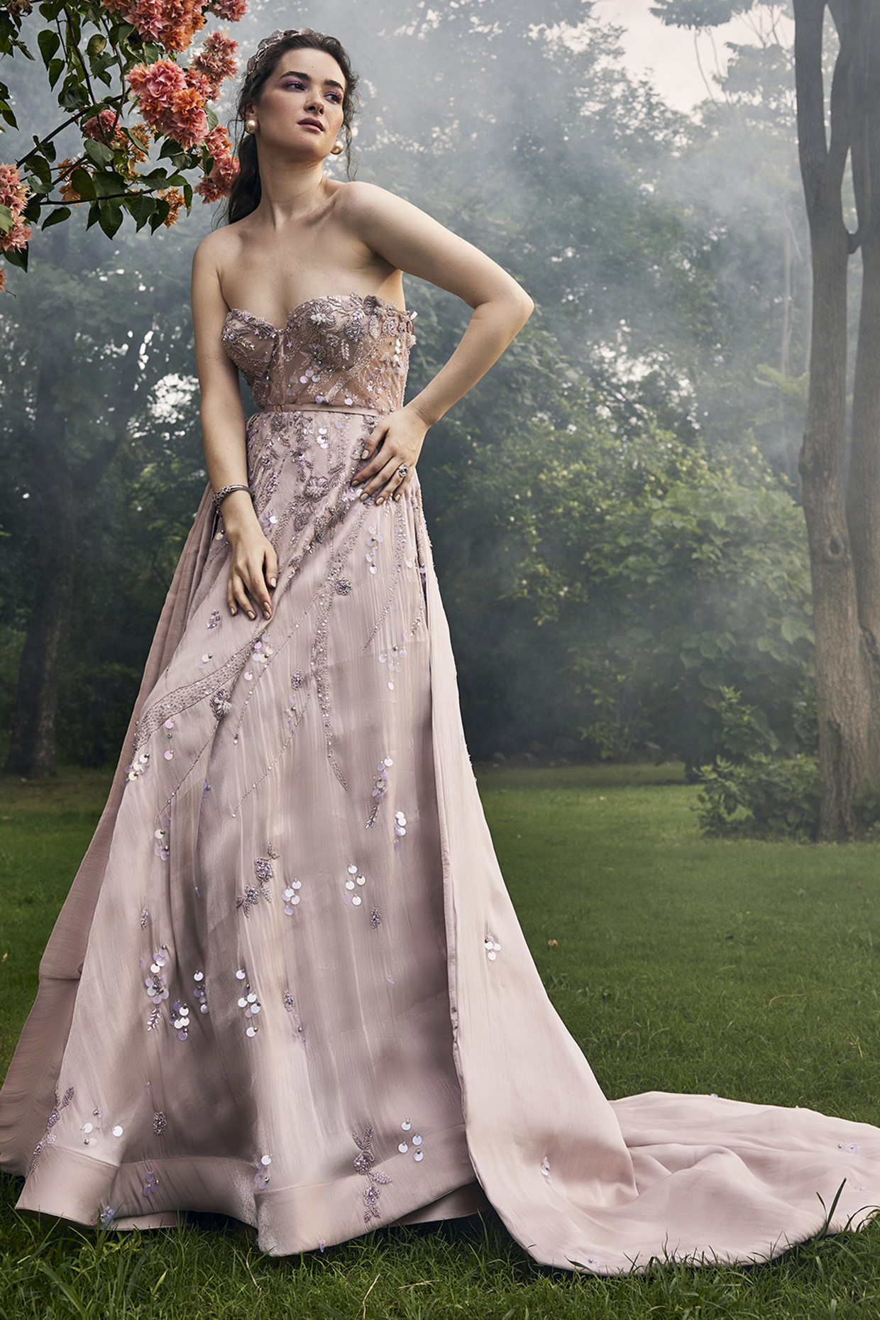 Soft Pink Satin Organza Embellished Engagement Gown by BAYA BY RICHA at Pernia's Pop Up Shop