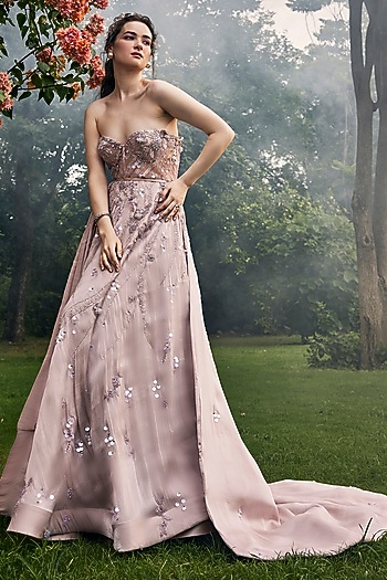 Soft Pink Satin Organza Embellished Wedding Gown by BAYA BY RICHA at Pernia's Pop Up Shop
