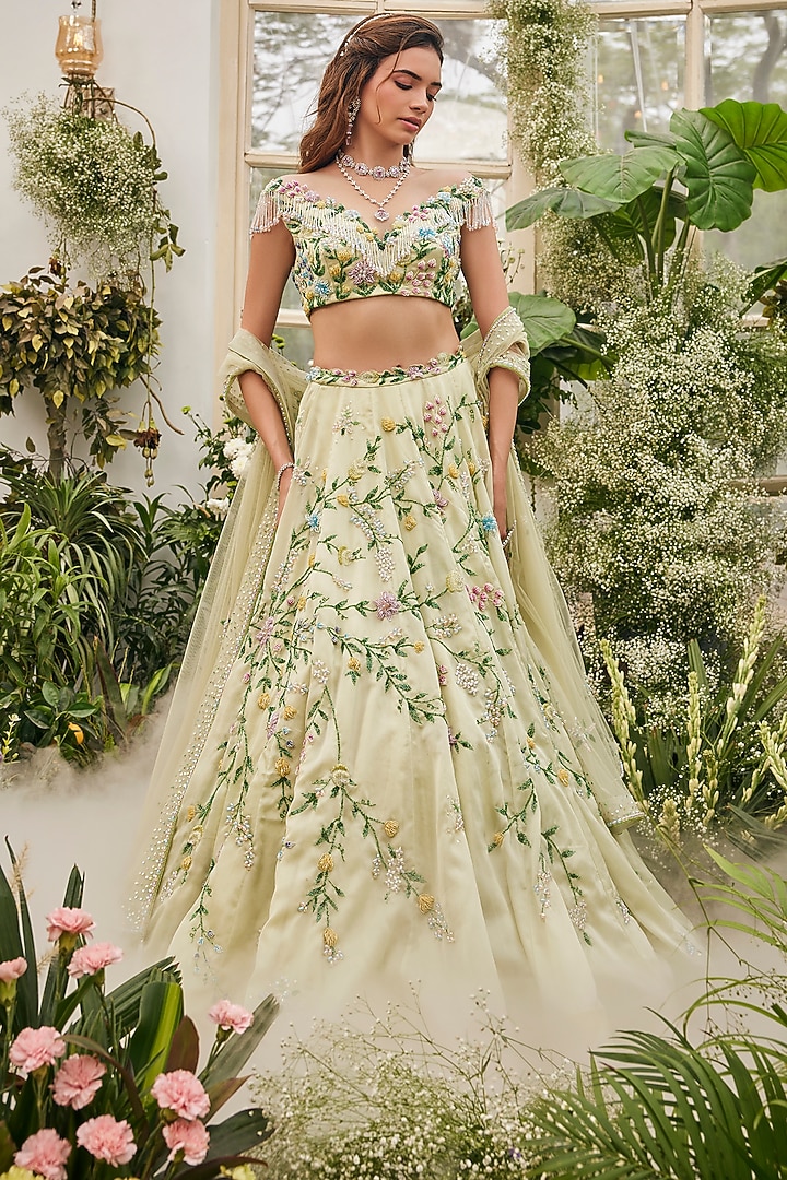 Pistachio Green Organza Hand Embroidered Wedding Lehenga Set by BAYA BY RICHA at Pernia's Pop Up Shop