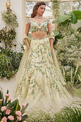 Pistachio Green Organza Hand Embroidered Lehenga Set by BAYA BY RICHA