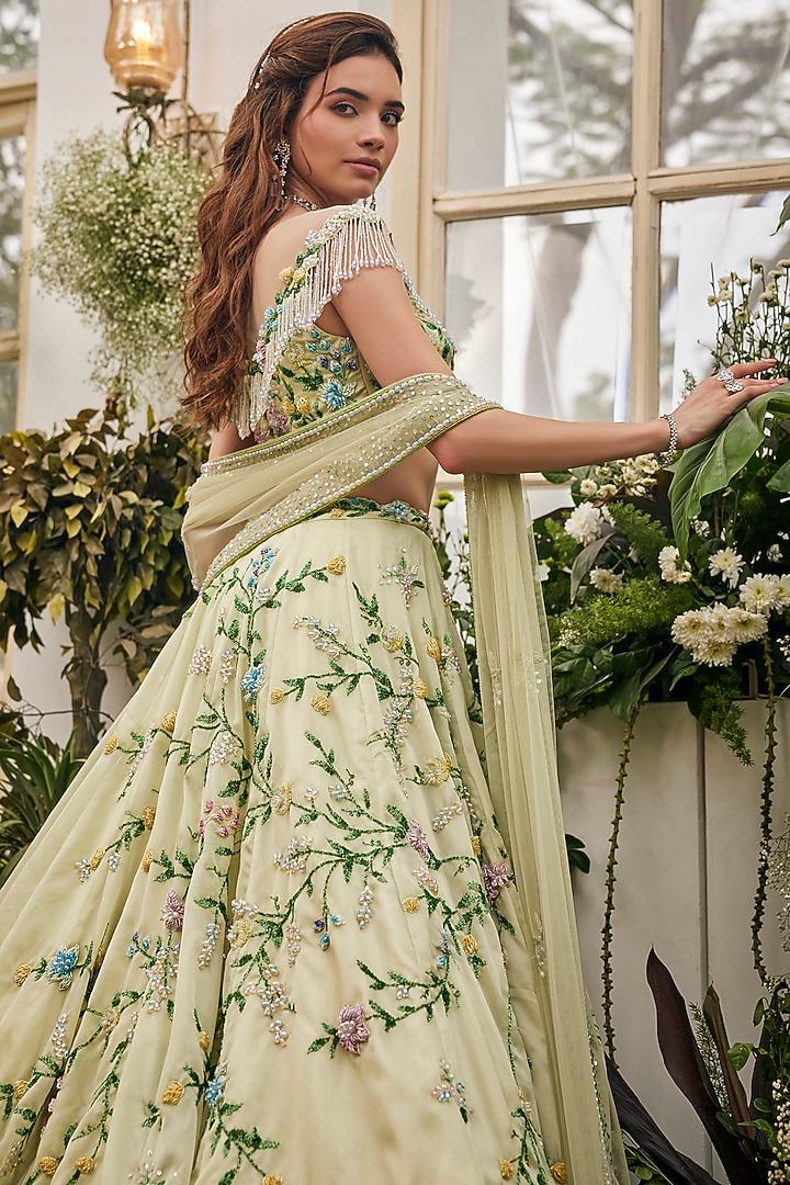 Pistachio Green Organza Hand Embroidered Wedding Lehenga Set by BAYA BY RICHA at Pernia's Pop Up Shop