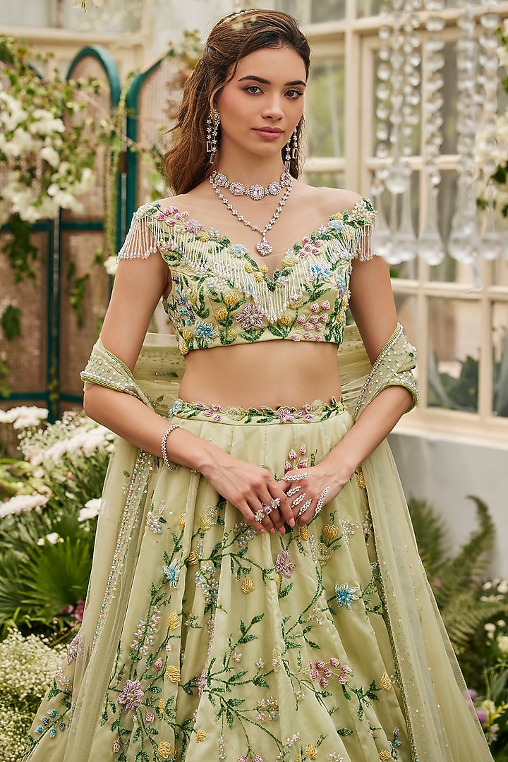 Pistachio Green Organza Hand Embroidered Wedding Lehenga Set by BAYA BY RICHA at Pernia's Pop Up Shop