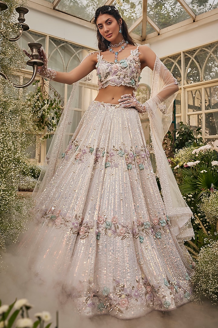 Ivory Organza Hand Embroidered Bridal Lehenga Set by BAYA BY RICHA at Pernia's Pop Up Shop