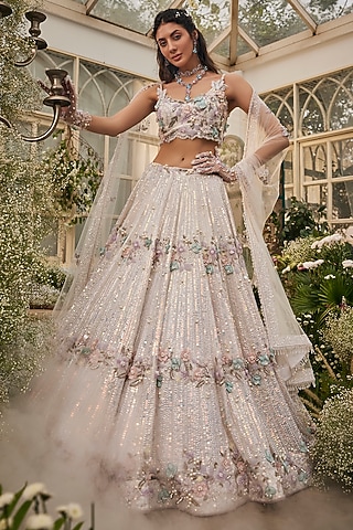 Ivory Organza Hand Embroidered Lehenga Set by BAYA BY RICHA