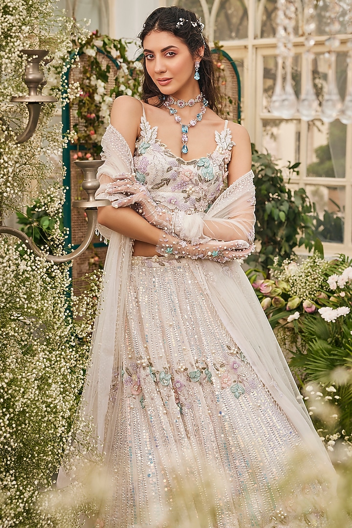 Ivory Organza Hand Embroidered Bridal Lehenga Set by BAYA BY RICHA at Pernia's Pop Up Shop