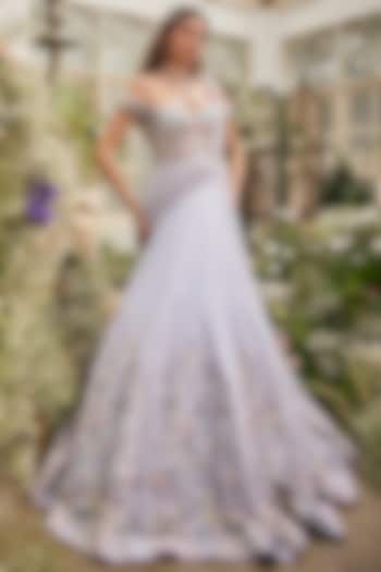 Powder Blue Organza Hand Embroidered Corset Wedding Gown by BAYA BY RICHA at Pernia's Pop Up Shop