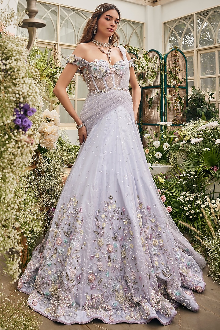 Powder Blue Organza Hand Embroidered Corset Wedding Gown by BAYA BY RICHA at Pernia's Pop Up Shop