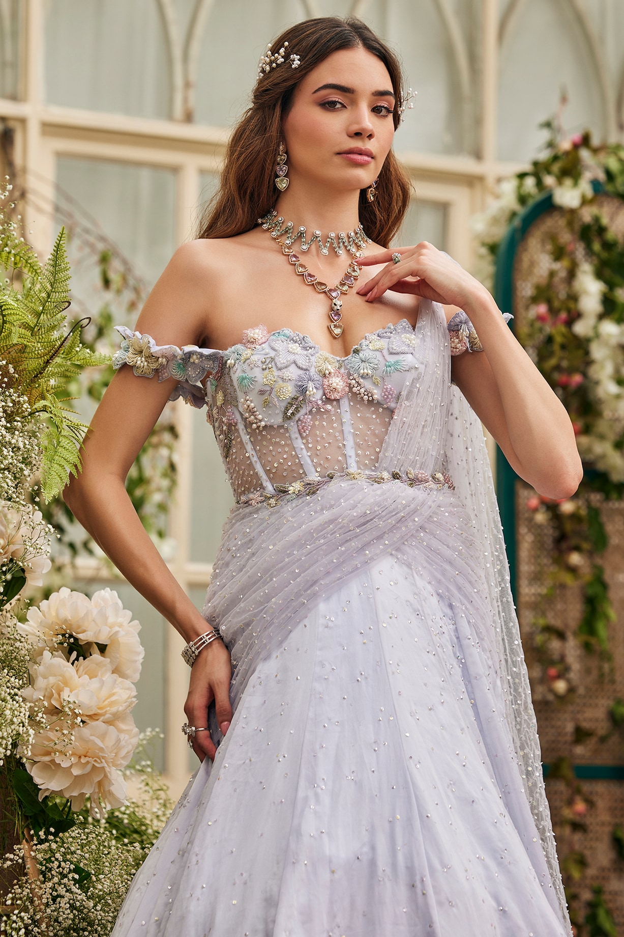 Powder Blue Organza Hand Embroidered Corset Wedding Gown by BAYA BY RICHA  at Pernia's Pop Up Shop 2026