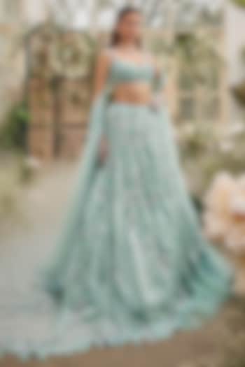 Sea Blue Organza Hand Embroidered Bridal Lehenga Set by BAYA BY RICHA at Pernia's Pop Up Shop