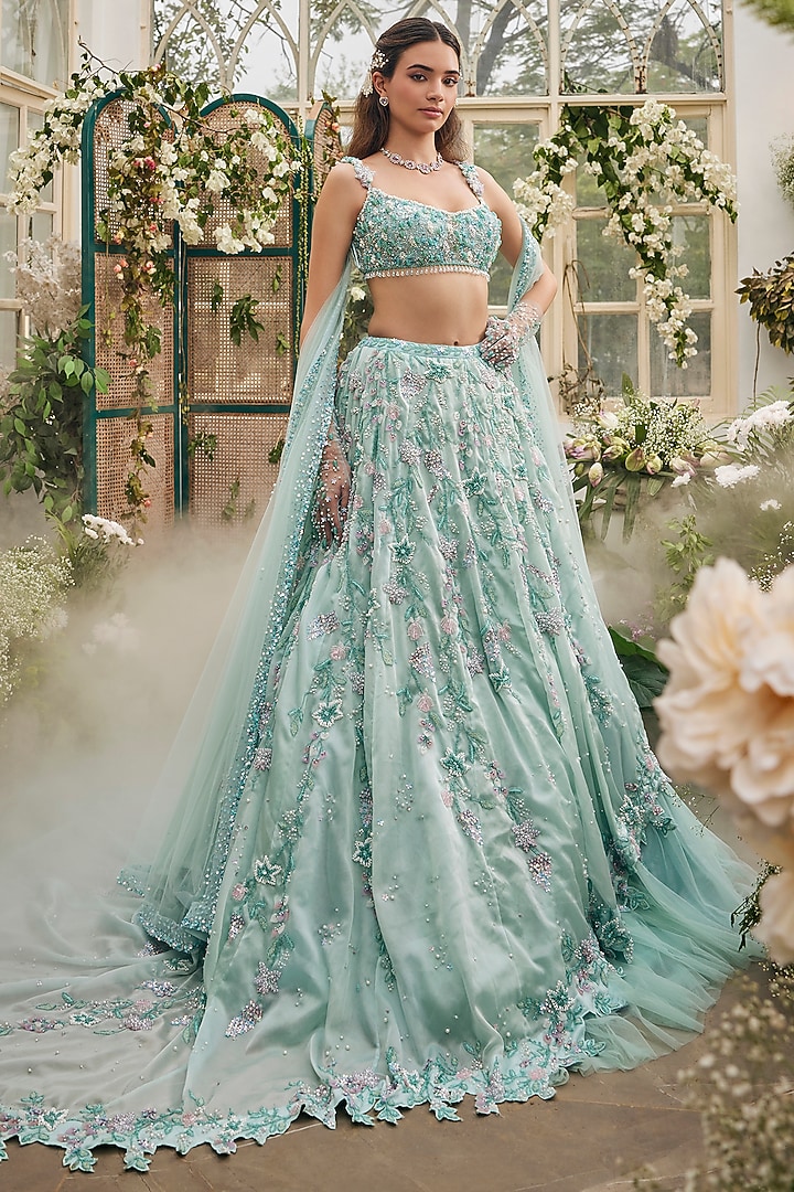 Sea Blue Organza Hand Embroidered Bridal Lehenga Set by BAYA BY RICHA at Pernia's Pop Up Shop