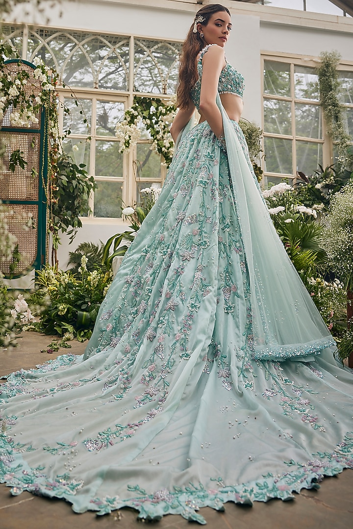 Sea Blue Organza Hand Embroidered Bridal Lehenga Set by BAYA BY RICHA at Pernia's Pop Up Shop