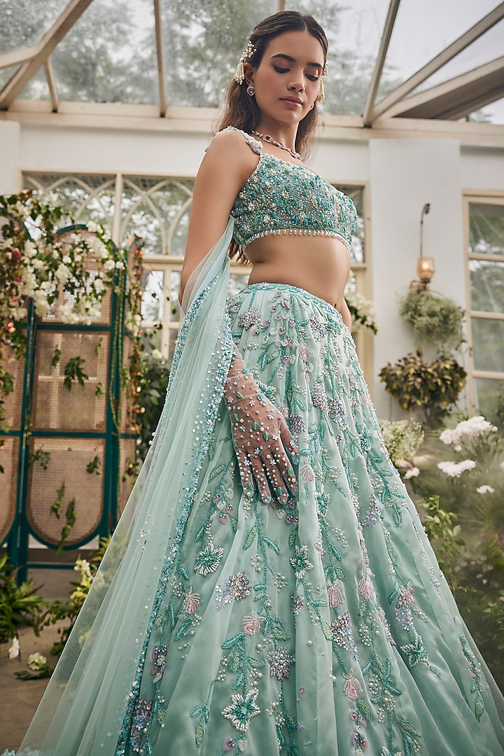Sea Blue Organza Hand Embroidered Bridal Lehenga Set by BAYA BY RICHA at Pernia's Pop Up Shop