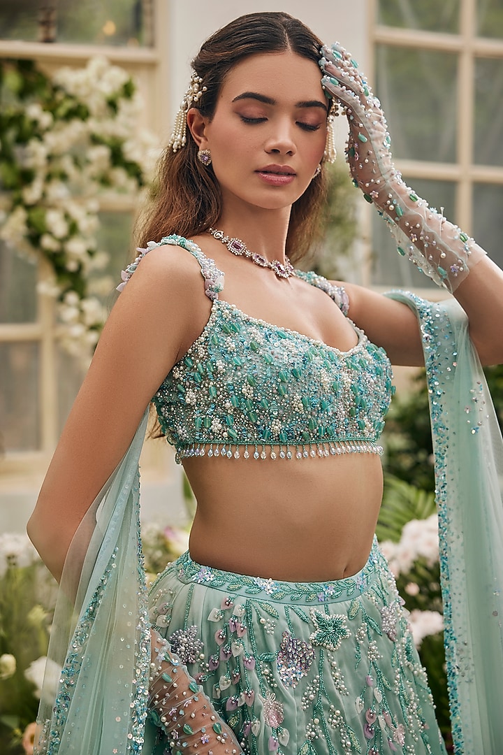 Sea Blue Organza Hand Embroidered Bridal Lehenga Set by BAYA BY RICHA at Pernia's Pop Up Shop