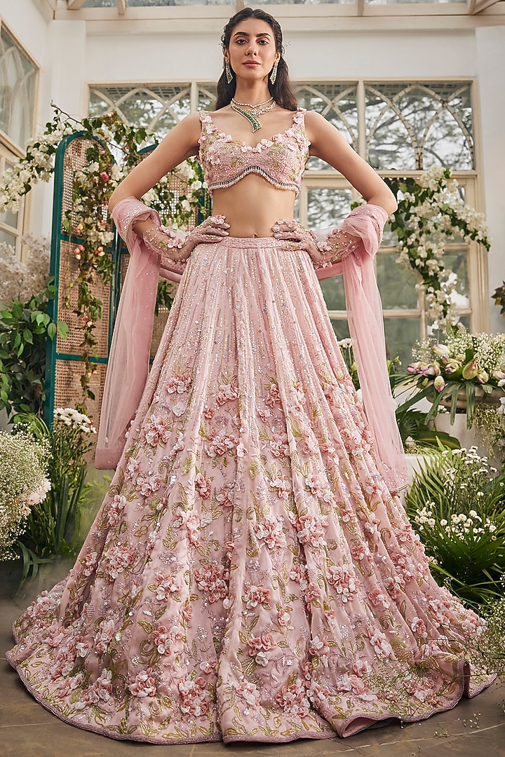 Blush Pink Organza Hand Embroidered Bridal Lehenga Set by BAYA BY RICHA at Pernia's Pop Up Shop