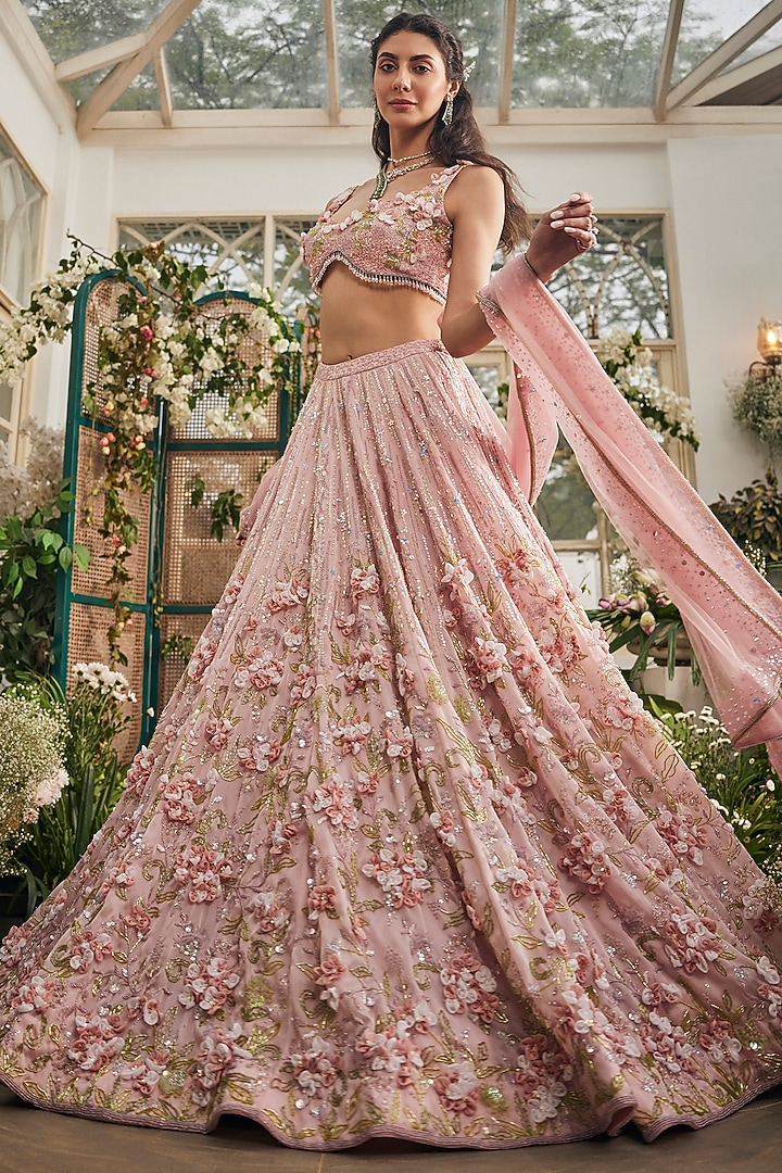 Blush Pink Organza Hand Embroidered Bridal Lehenga Set by BAYA BY RICHA at Pernia's Pop Up Shop