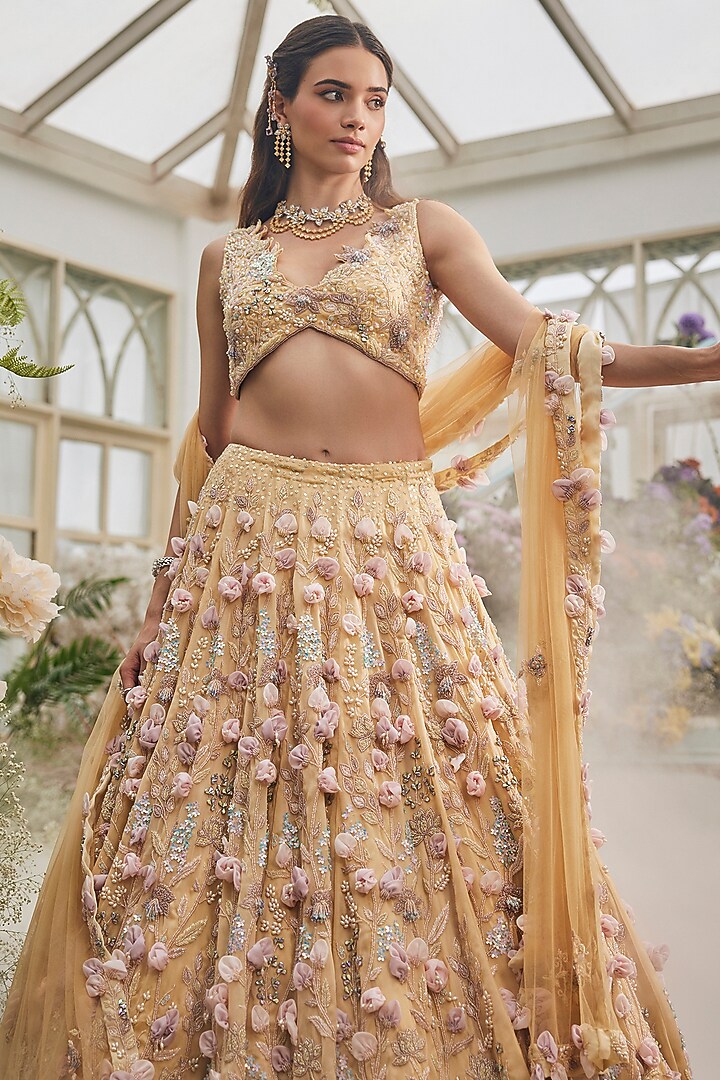 Lemon Yellow Organza Hand Embroidered Bridal Lehenga Set by BAYA BY RICHA at Pernia's Pop Up Shop