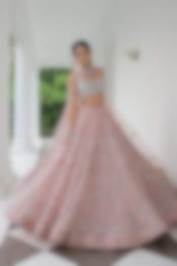 Blush Pink Silk Organza Glass Bead Hand Embroidered Bridal Lehenga Set by BAYA BY RICHA at Pernia's Pop Up Shop