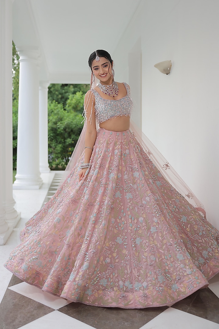 Blush Pink Silk Organza Glass Bead Hand Embroidered Bridal Lehenga Set by BAYA BY RICHA at Pernia's Pop Up Shop