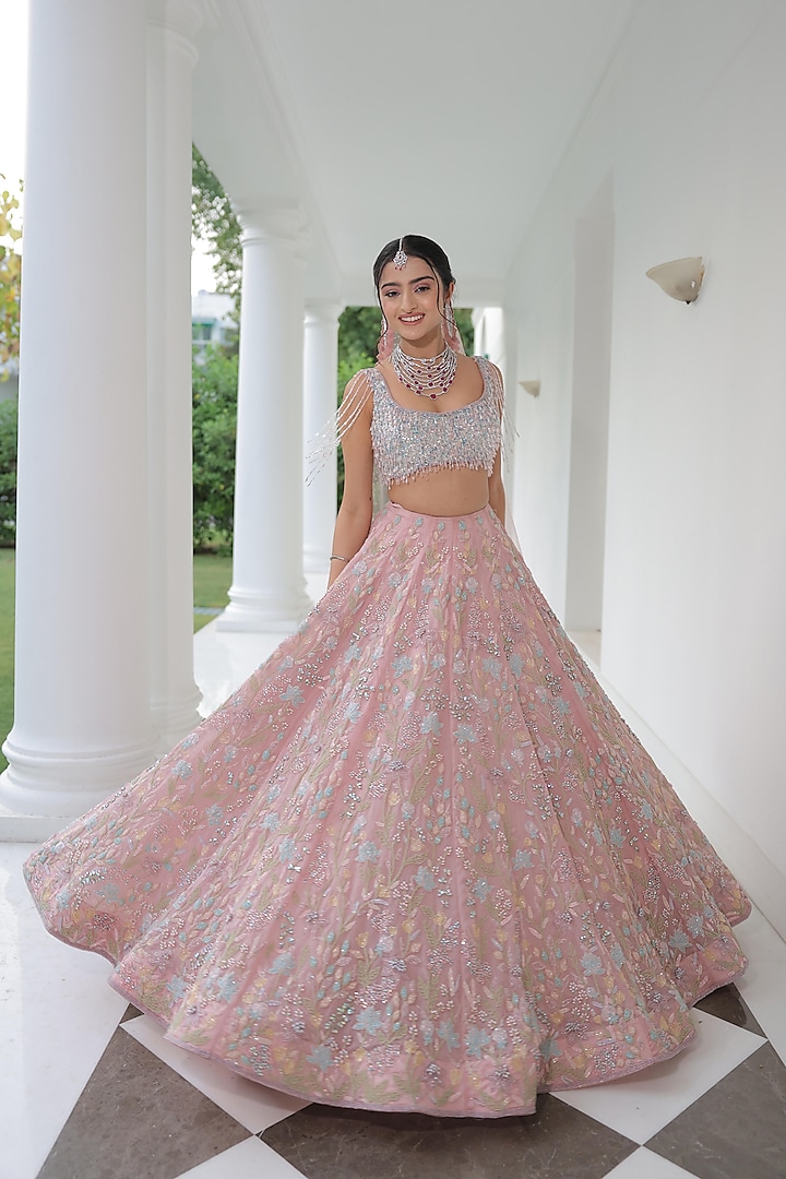 Blush Pink Silk Organza Glass Bead Hand Embroidered Bridal Lehenga Set by BAYA BY RICHA at Pernia's Pop Up Shop