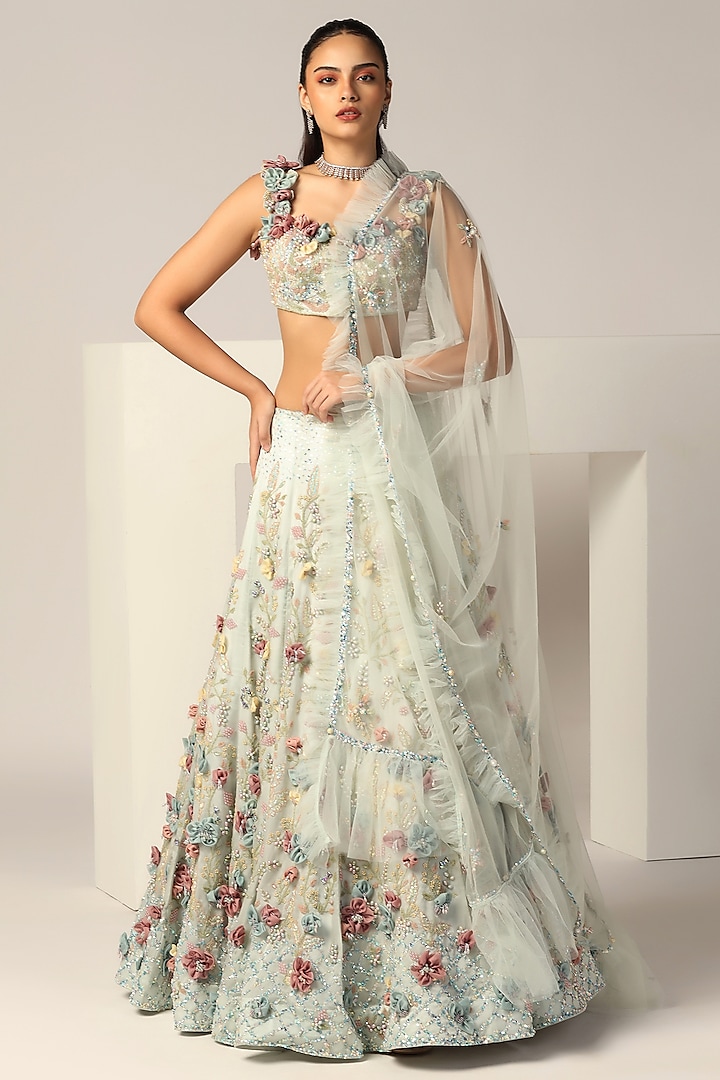 Powder Blue Silk organza Crystal & Sequins Embroidered Bridal Lehenga Set by BAYA BY RICHA at Pernia's Pop Up Shop