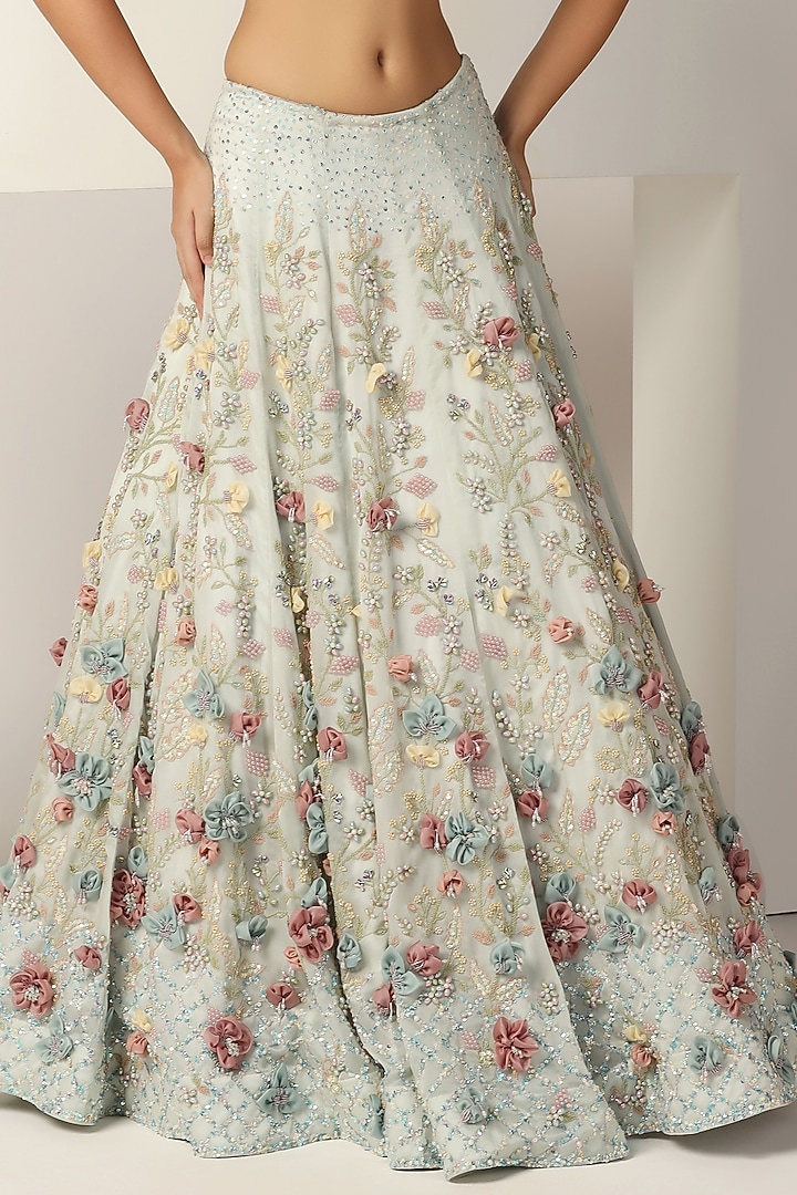 Powder Blue Silk organza Crystal & Sequins Embroidered Bridal Lehenga Set by BAYA BY RICHA at Pernia's Pop Up Shop