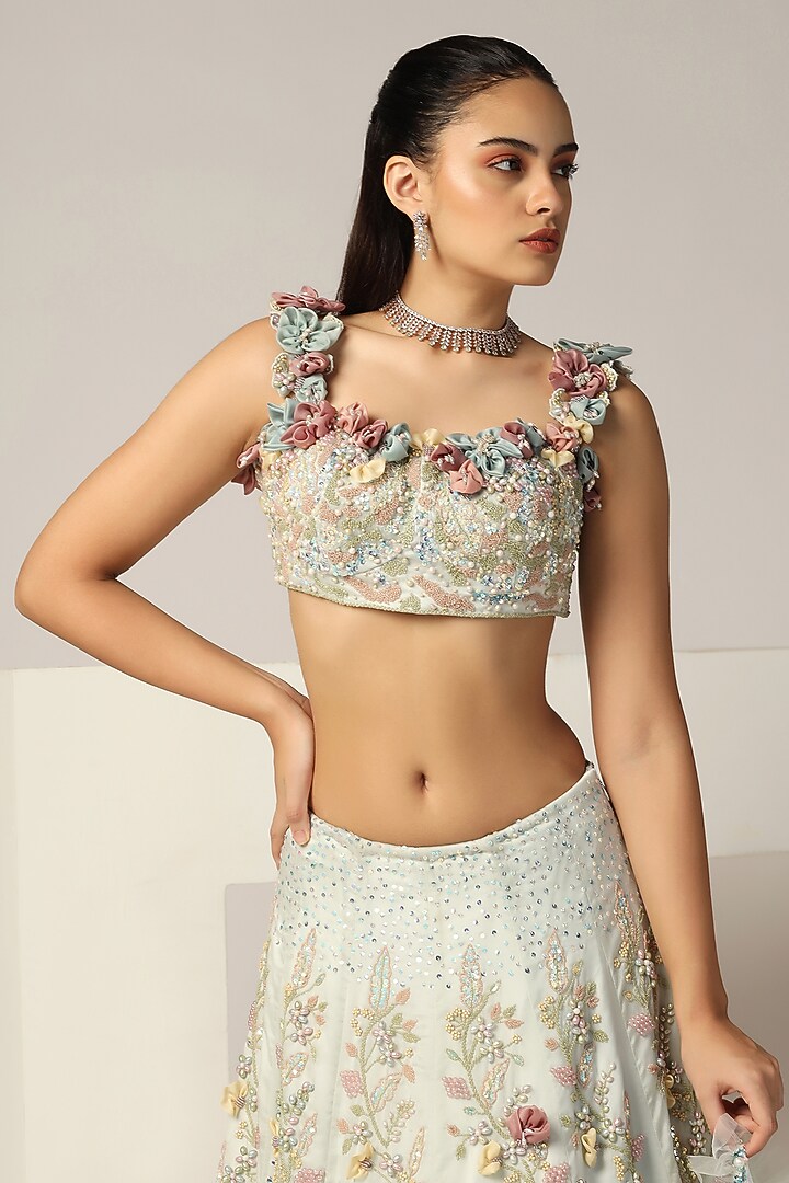 Powder Blue Silk organza Crystal & Sequins Embroidered Bridal Lehenga Set by BAYA BY RICHA at Pernia's Pop Up Shop