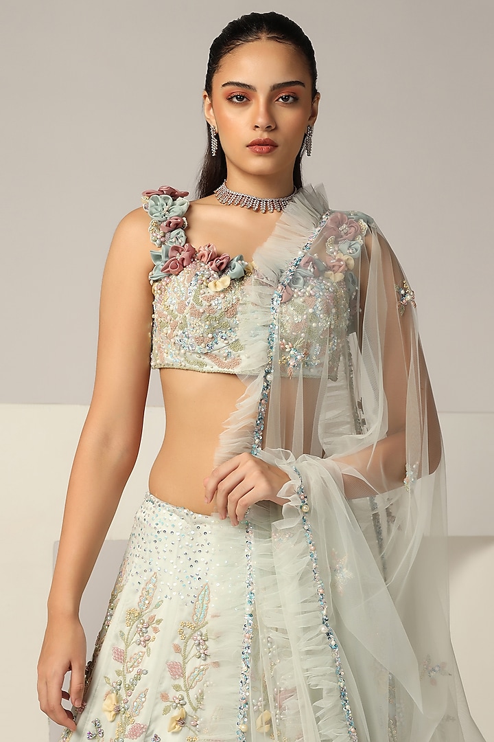 Powder Blue Silk organza Crystal & Sequins Embroidered Bridal Lehenga Set by BAYA BY RICHA at Pernia's Pop Up Shop